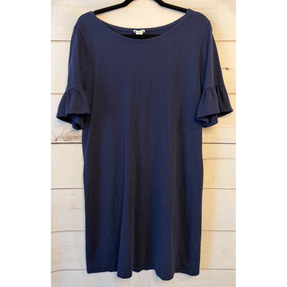 Navy Blue 100% Cotton Ruffle Sleeve T-Shirt Dress Scoop Neck Casual Mini J. Crew